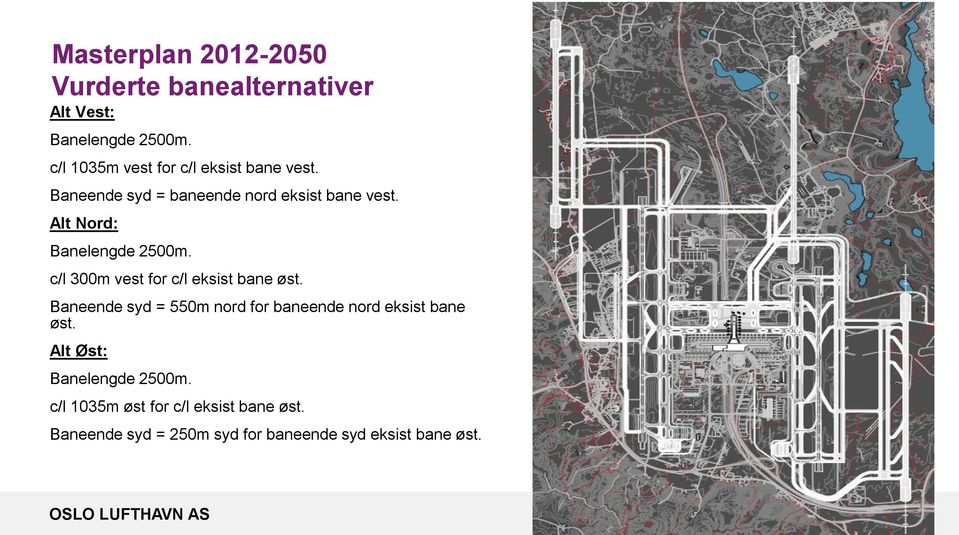 Alt Nord: Banelengde 2500m. c/l 300m vest for c/l eksist bane øst.