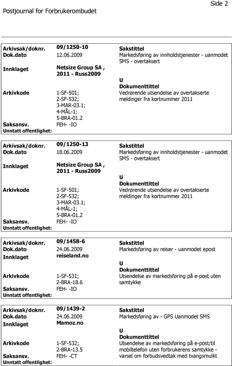 2 FEH- -O Vedrørende utsendelse av overtakserte meldinger fra kortnummer 2011 Arkivsak/doknr. 09/1250-13 Sakstittel Dok.dato 18.06.