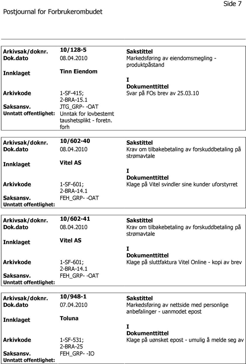 10/602-40 Sakstittel nnklaget Vitel AS 1-SF-601; Klage på Vitel svindler sine kunder uforstyrret FEH_GRP- -OAT Arkivsak/doknr.