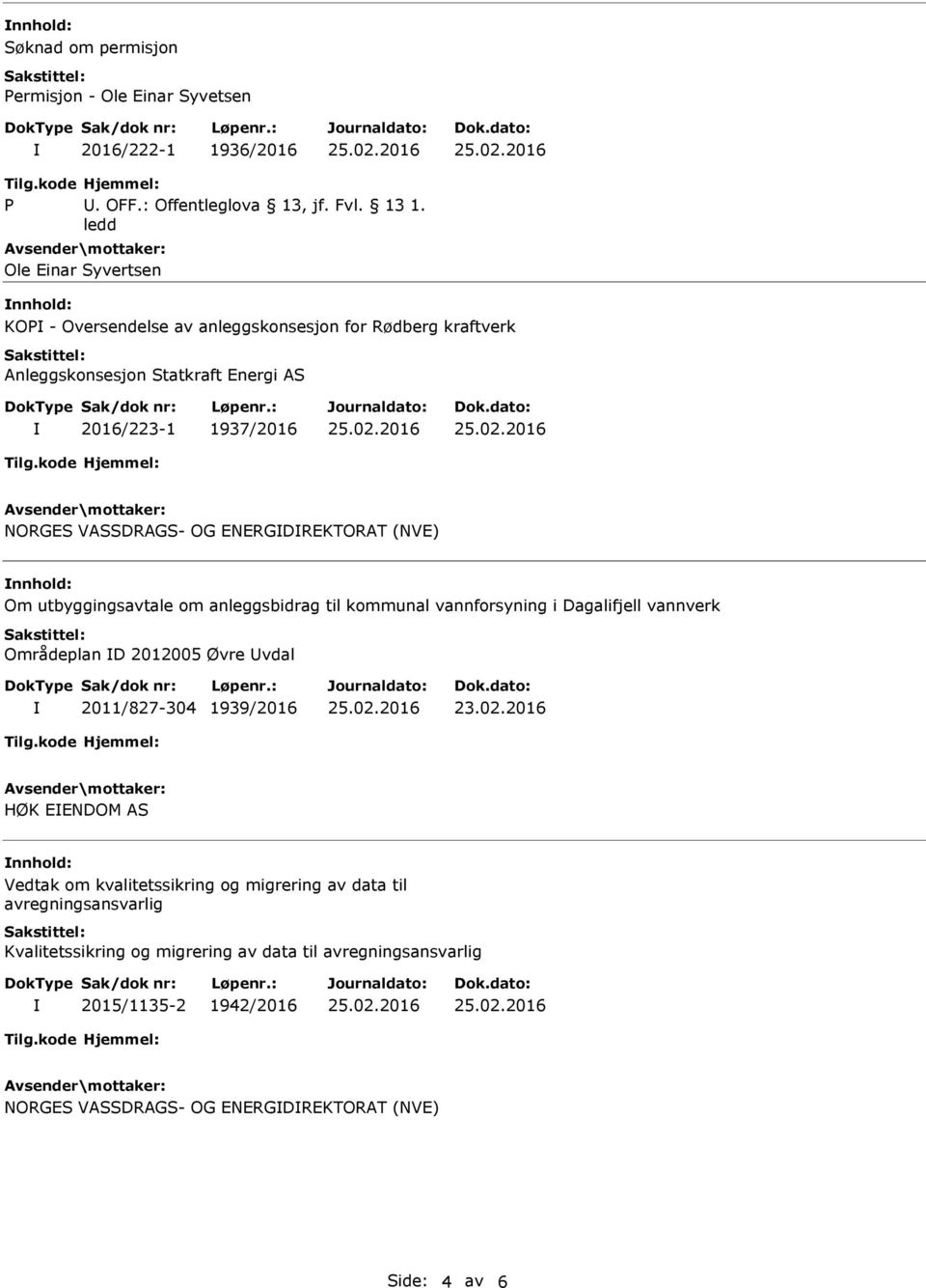 ENERGDREKTORAT (NVE) Om utbyggingsavtale om anleggsbidrag til kommunal vannforsyning i Dagalifjell vannverk Områdeplan D 2012005 Øvre vdal 2011/827-304 1939/2016 HØK