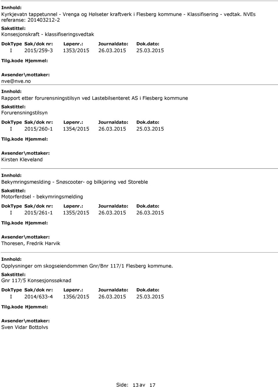 no Rapport etter forurensningstilsyn ved Lastebilsenteret AS i Flesberg kommune Forurensningstilsyn 2015/260-1 1354/2015 Kirsten Kleveland