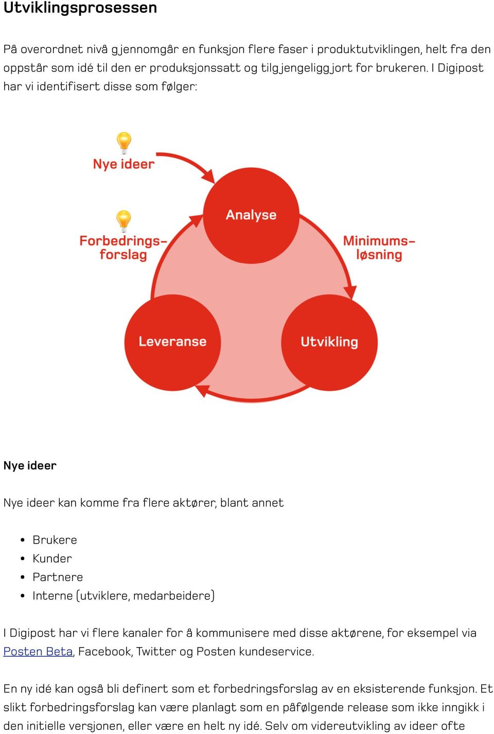 kanaler for å kommunisere med disse aktørene, for eksempel via Posten Beta, Facebook, Twitter og Posten kundeservice.