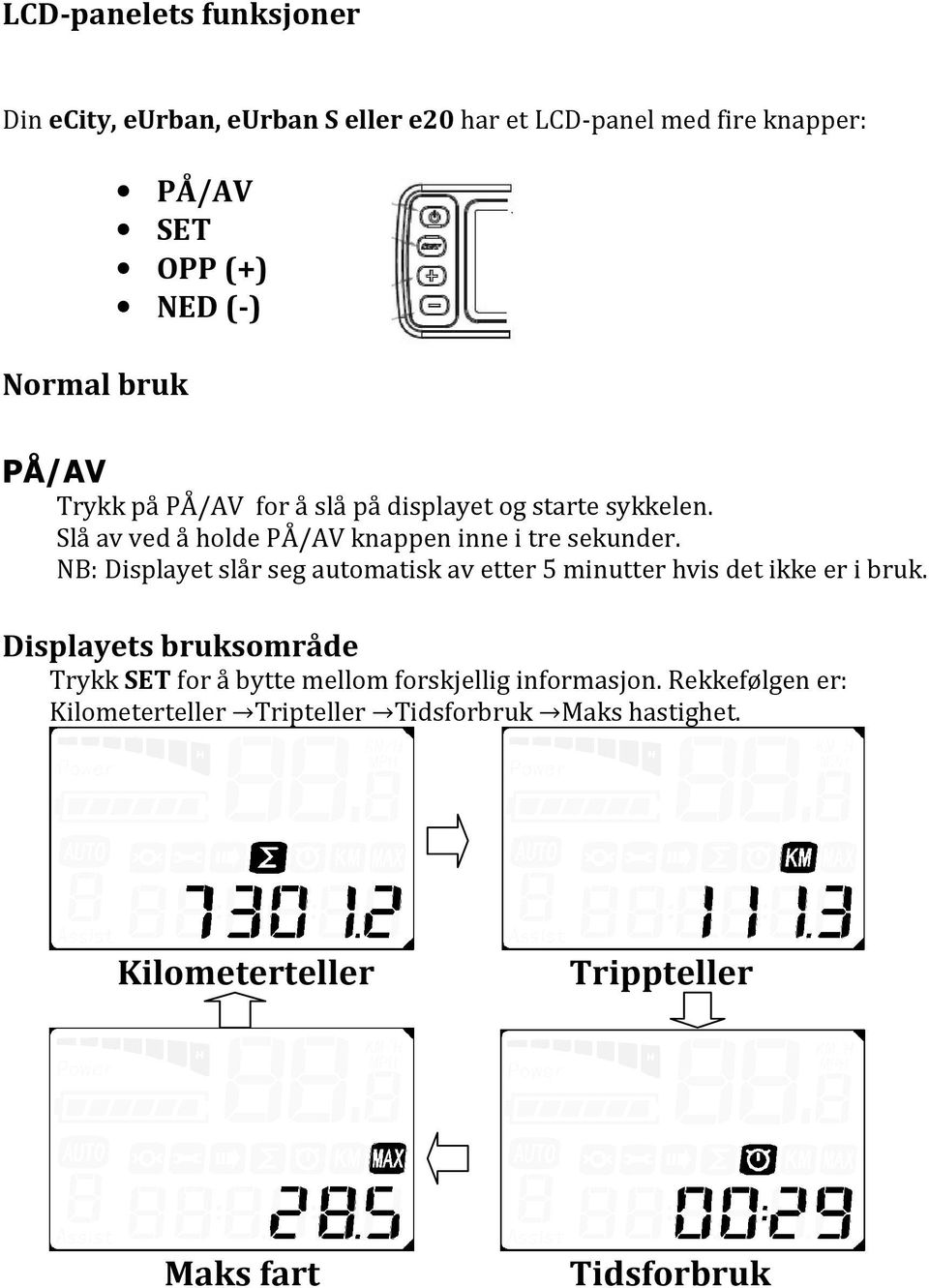 NB: Displayet slår seg automatisk av etter 5 minutter hvis det ikke er i bruk.