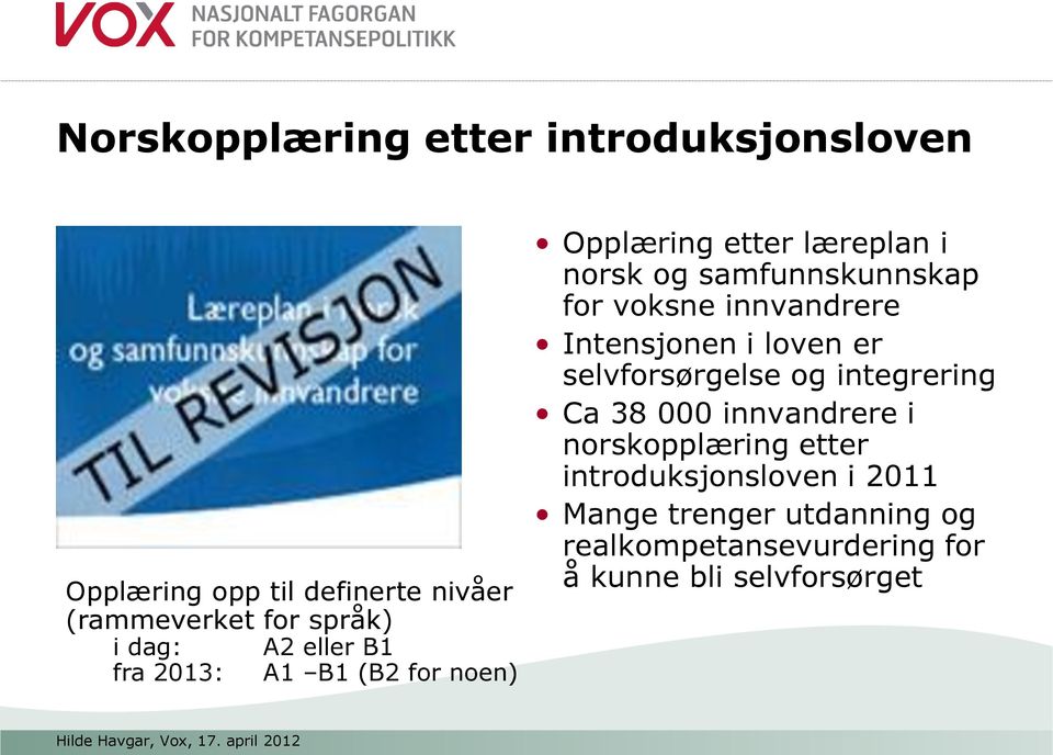 innvandrere Intensjonen i loven er selvforsørgelse og integrering Ca 38 000 innvandrere i norskopplæring