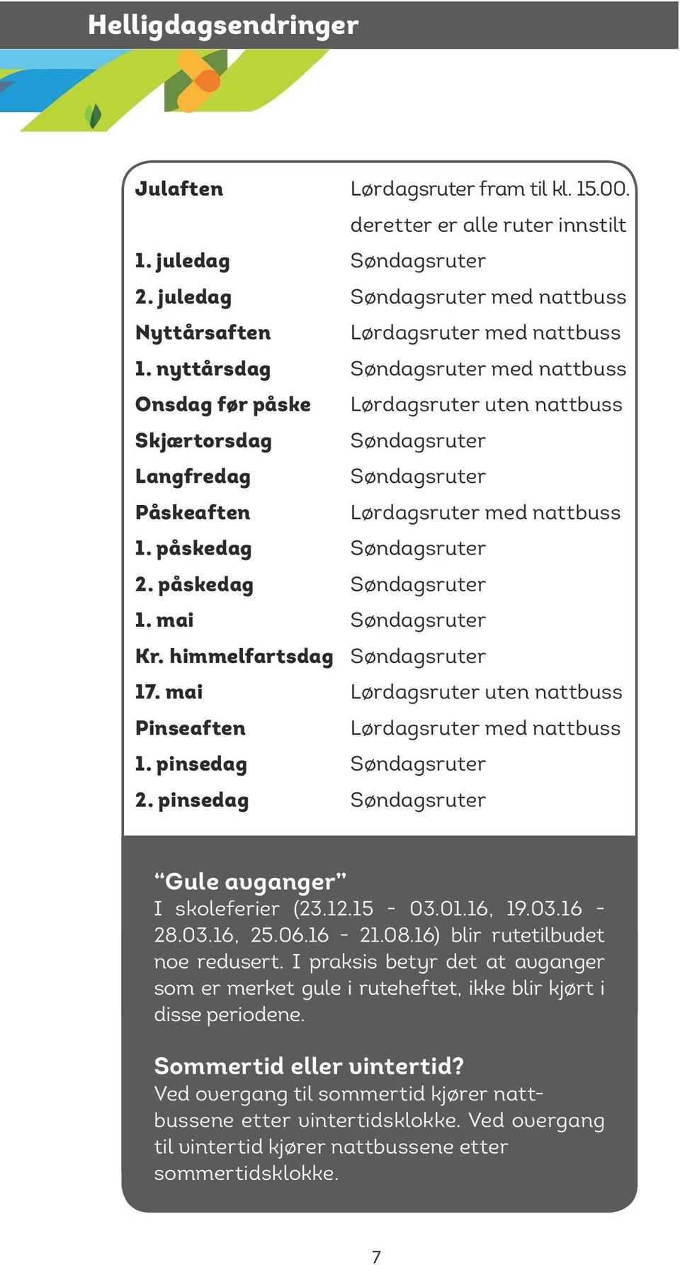 deretter er alle ruter innstilt Søndagsruter Søndagsruter med nattbuss Lørdagsruter med nattbuss Søndagsruter med nattbuss Lørdagsruter uten nattbuss Søndagsruter Søndagsruter Lørdagsruter med