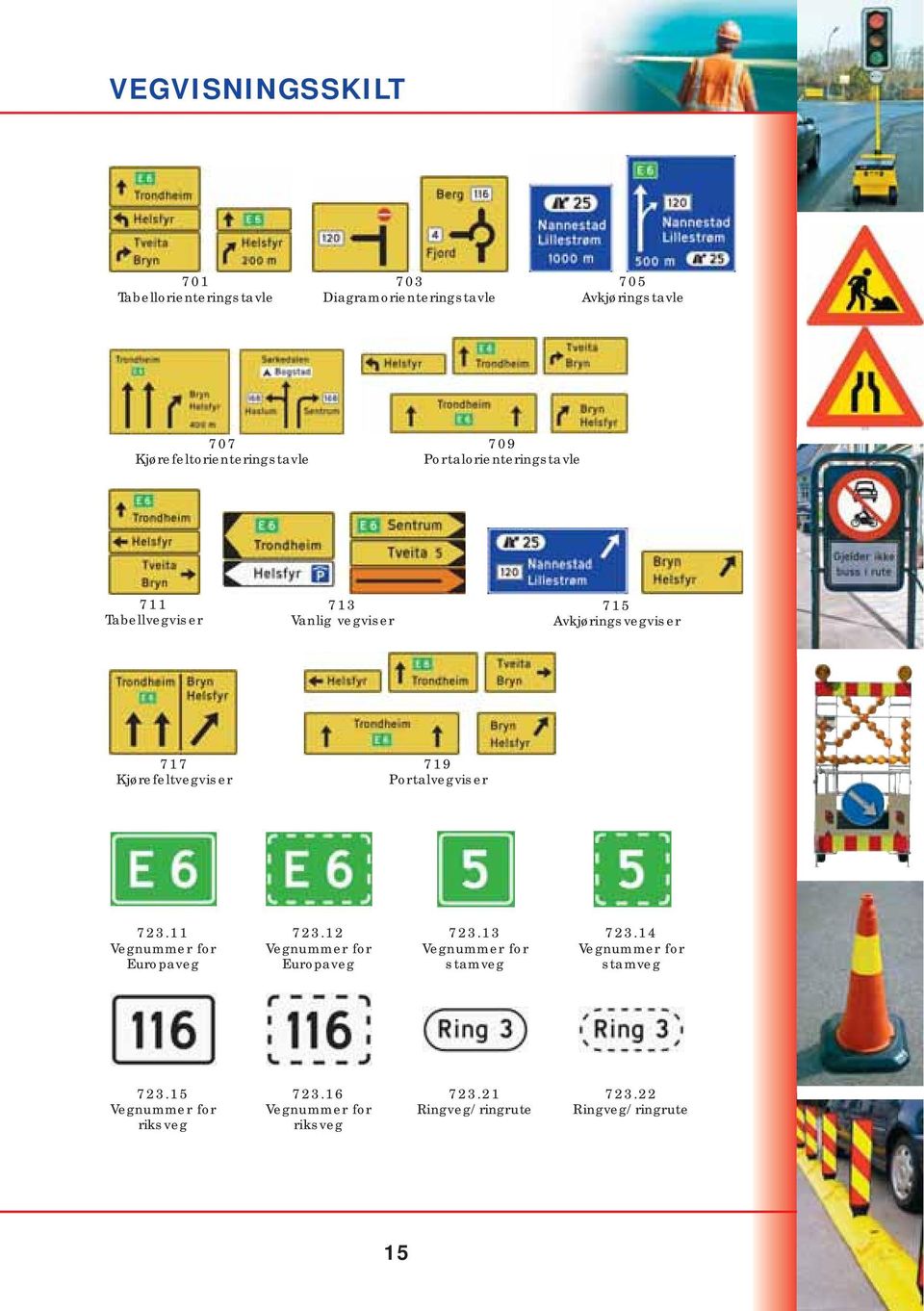 Kjørefeltvegviser 719 Portalvegviser 723.11 Vegnummer for Europaveg 723.12 Vegnummer for Europaveg 723.