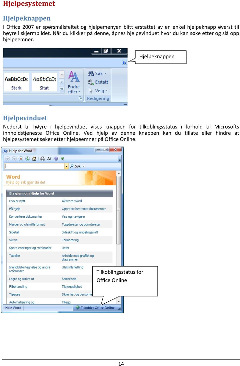 Hjelpeknappen Hjelpevinduet Nederst til høyre i hjelpevinduet vises knappen for tilkoblingsstatus i forhold til Microsofts