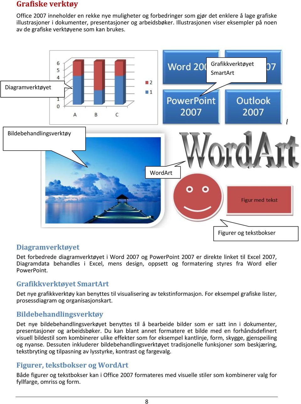 Diagramverktøyet Grafikkverktøyet SmartArt Bildebehandlingsverktøy WordArt Figurer og tekstbokser Diagramverktøyet Det forbedrede diagramverktøyet i Word 2007 og PowerPoint 2007 er direkte linket til