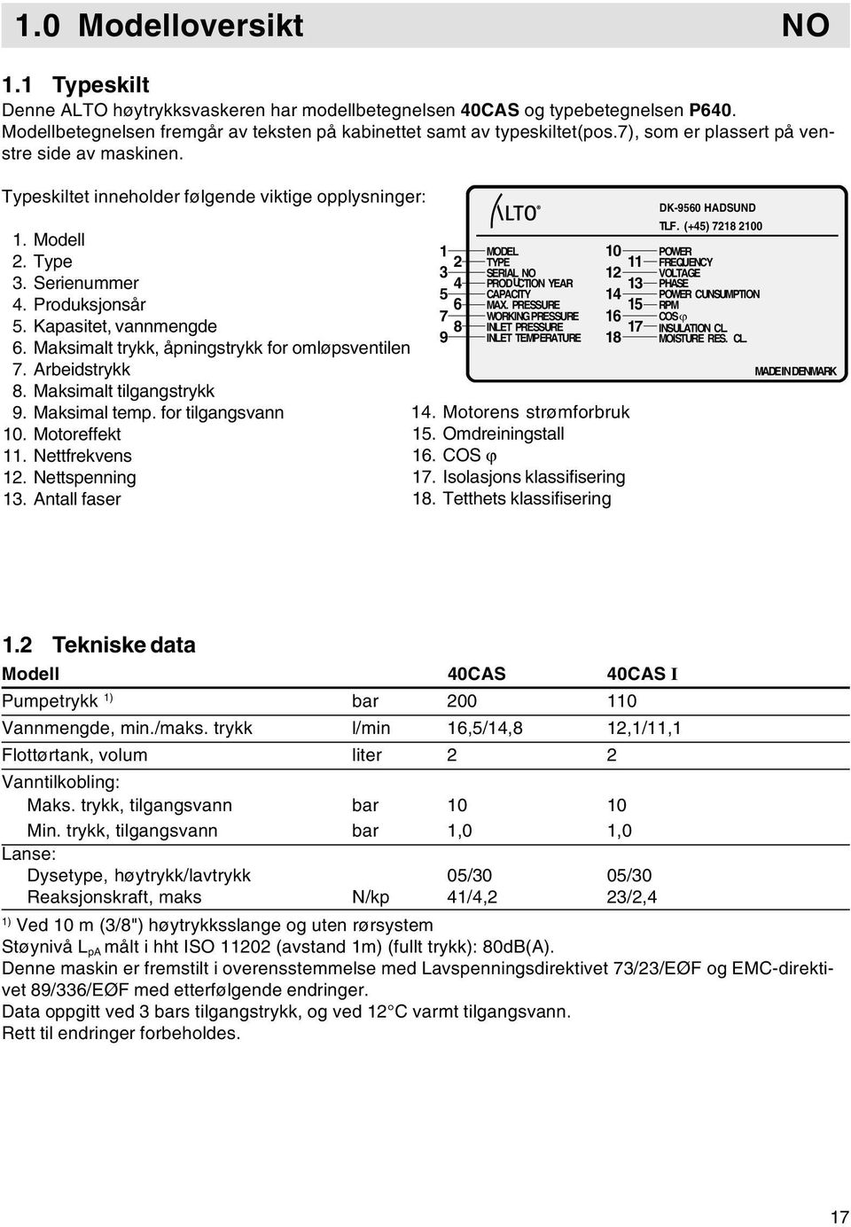 Maksimalt trykk, åpningstrykk for omløpsventilen 7. Arbeidstrykk 8. Maksimalt tilgangstrykk 9. Maksimal temp. for tilgangsvann 10. Motoreffekt 11. Nettfrekvens 12. Nettspenning 13.