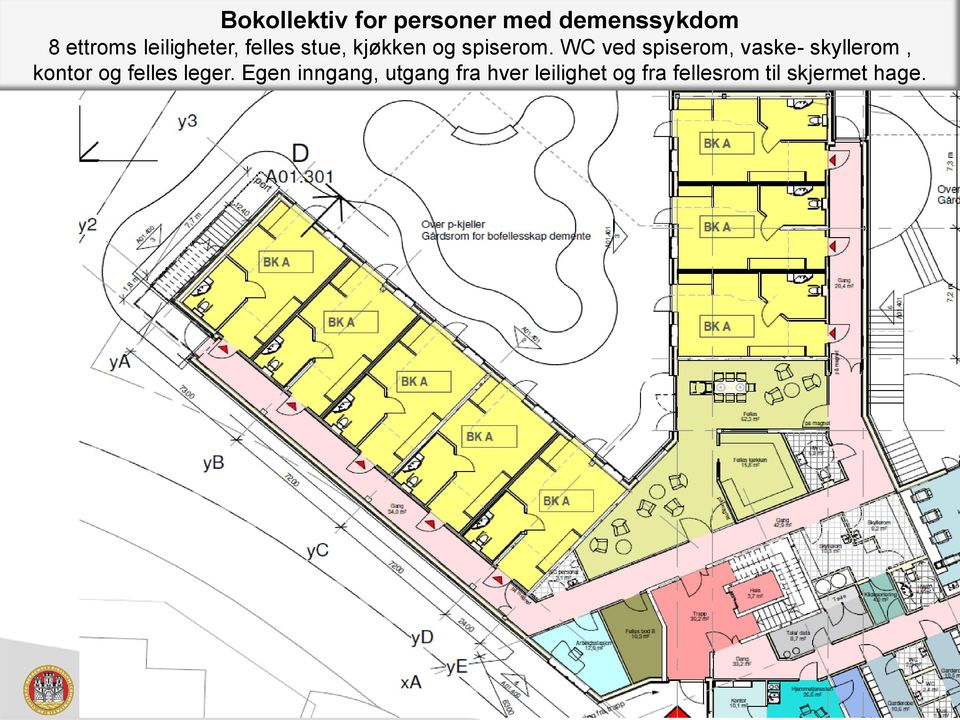 WC ved spiserom, vaske- skyllerom, kontor og felles leger.