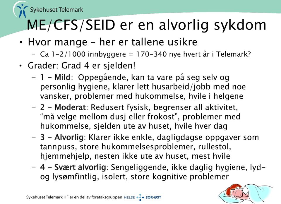 fysisk, begrenser all aktivitet, må velge mellom dusj eller frokost, problemer med hukommelse, sjelden ute av huset, hvile hver dag 3 - Alvorlig: Klarer ikke enkle, dagligdagse