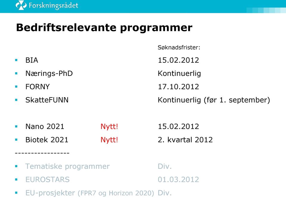 september) Nano 2021 Nytt! 15.02.2012 Biotek 2021 Nytt! 2. kvartal 2012 ----------------- Tematiske programmer Div.