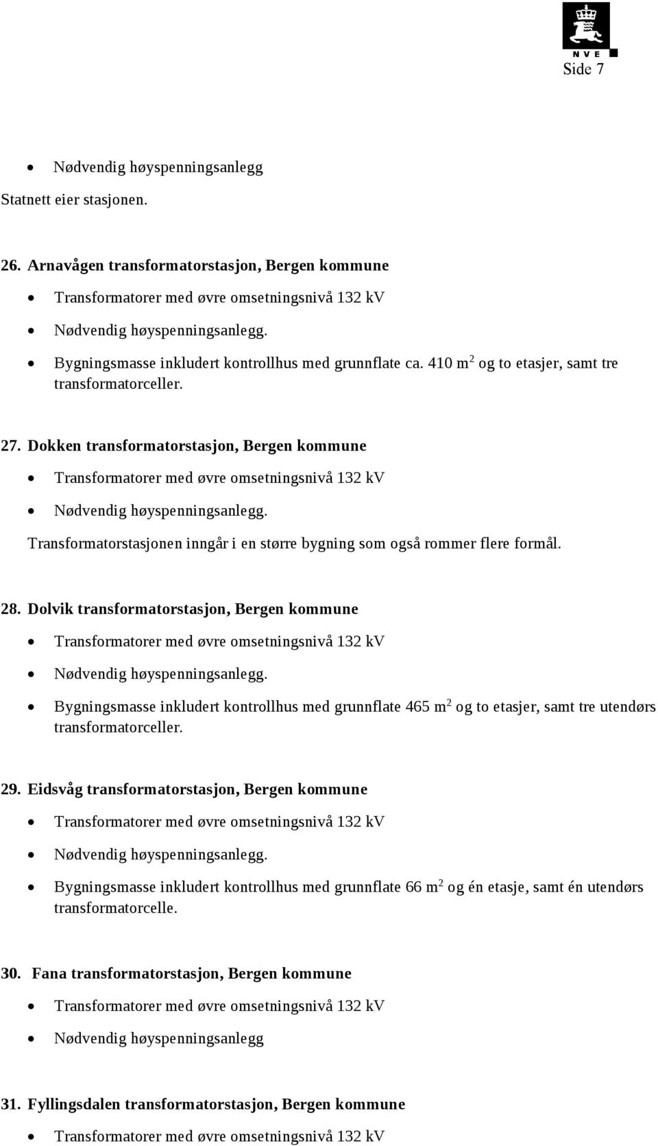 Dolvik transformatorstasjon, Bergen kommune. Bygningsmasse inkludert kontrollhus med grunnflate 465 m 2 og to etasjer, samt tre utendørs transformatorceller. 29.