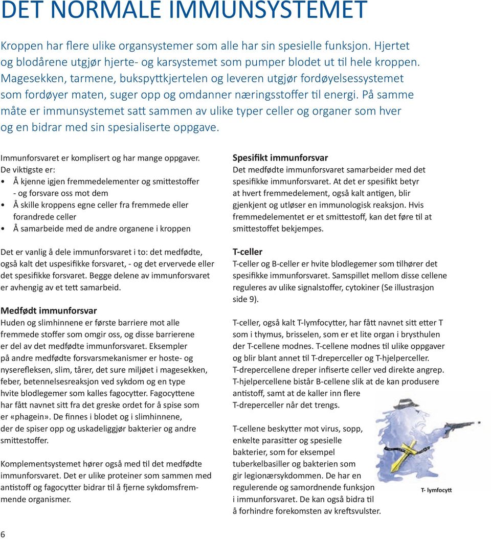 På samme måte er immunsystemet satt sammen av ulike typer celler og organer som hver og en bidrar med sin spesialiserte oppgave. Immunforsvaret er komplisert og har mange oppgaver.