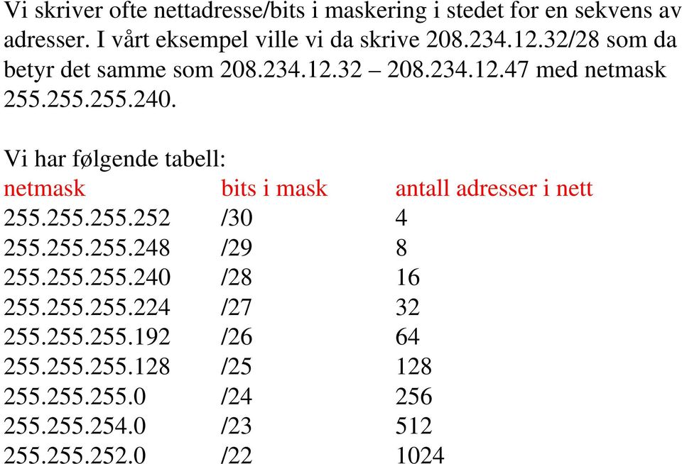 Vi har følgende tabell: netmask bits i mask antall adresser i nett 255.255.255.252 /30 4 255.255.255.248 /29 8 255.255.255.240 /28 16 255.