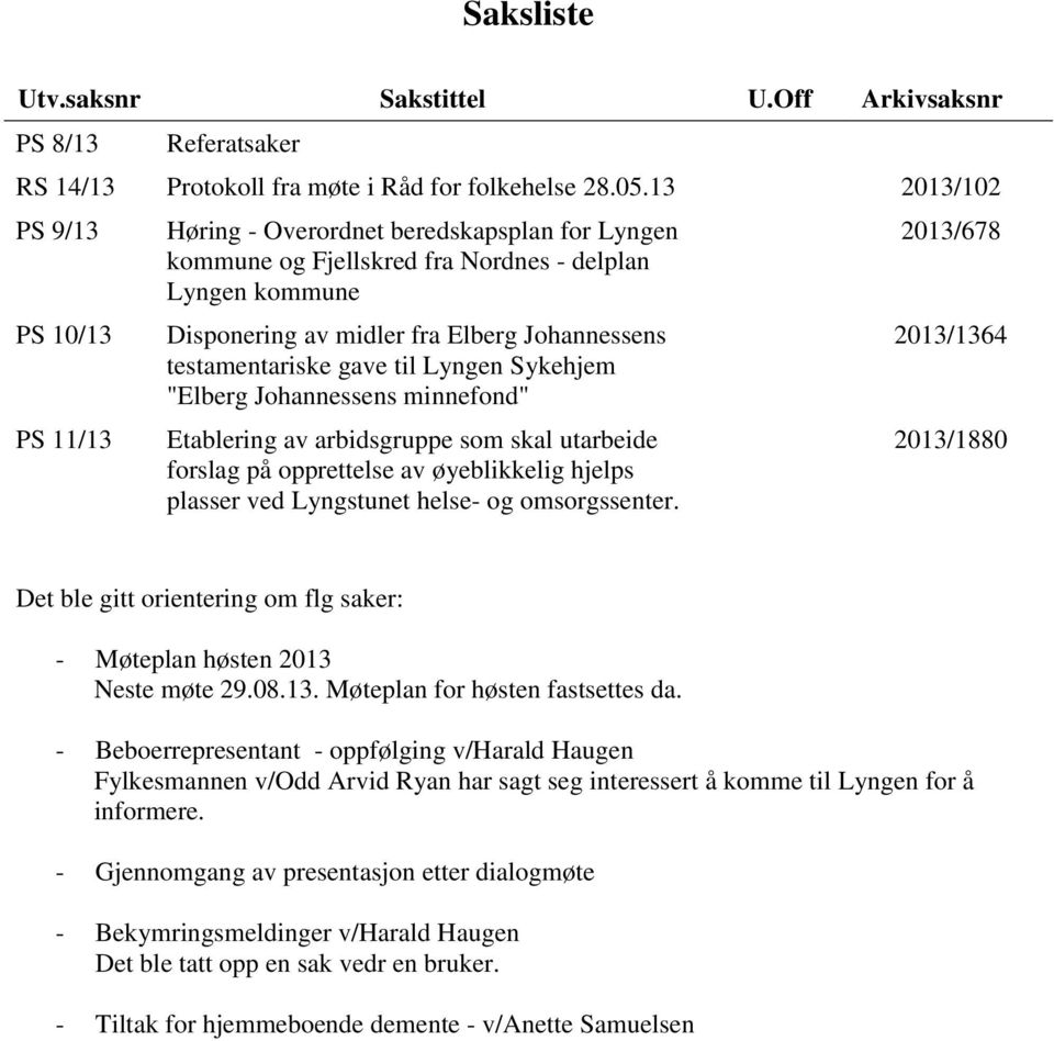 testamentariske gave til Lyngen Sykehjem "Elberg Johannessens minnefond" Etablering av arbidsgruppe som skal utarbeide forslag på opprettelse av øyeblikkelig hjelps plasser ved Lyngstunet helse- og