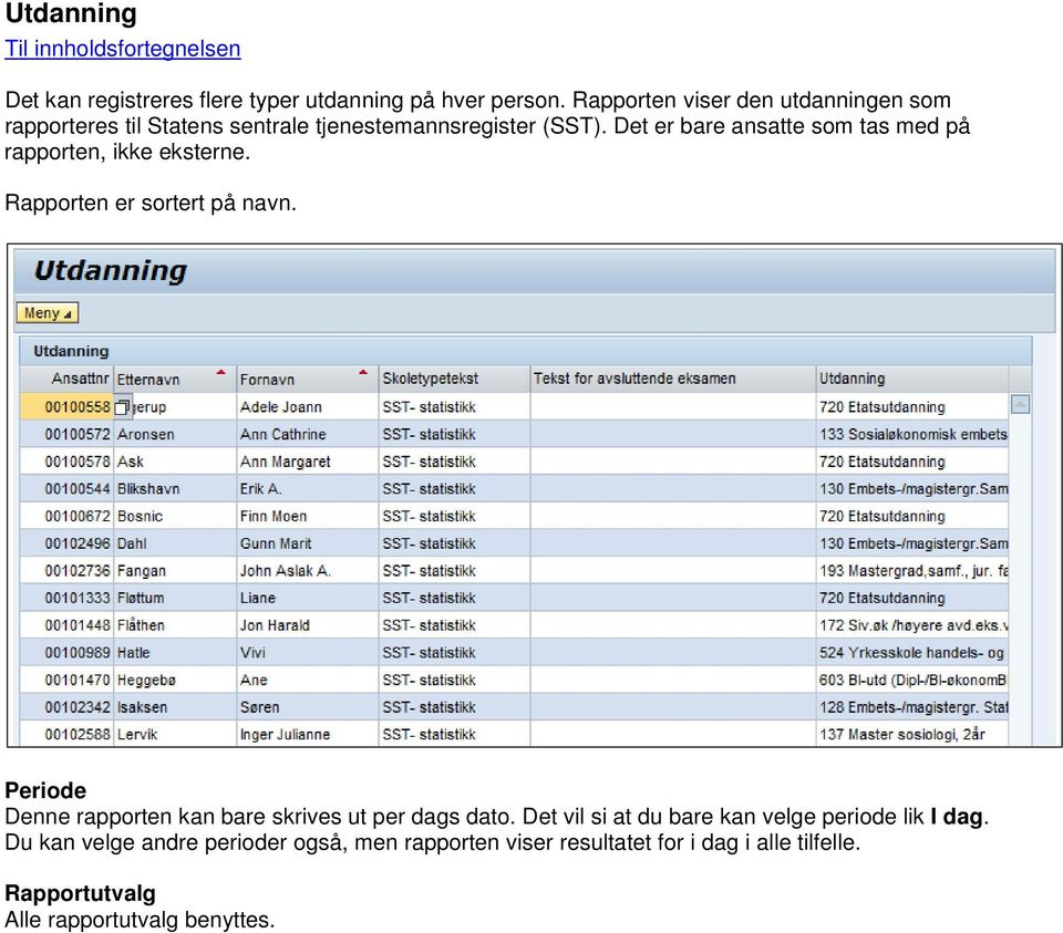 Det er bare ansatte som tas med på rapporten, ikke eksterne. Rapporten er sortert på navn.