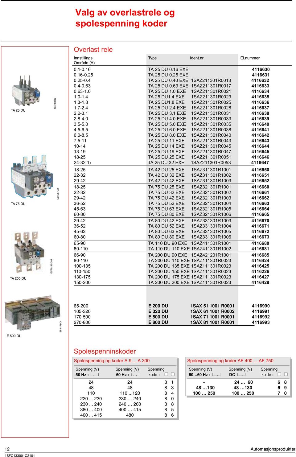 4116636 1724 TA 25 DU 24 EXE 1SAZ211301R0028 4116637 2231 TA 25 DU 31 EXE 1SAZ211301R0031 4116638 2840 TA 25 DU 40 EXE 1SAZ211301R0033 4116639 3550 TA 25 DU 50 EXE 1SAZ211301R0035 4116640 4565 TA 25