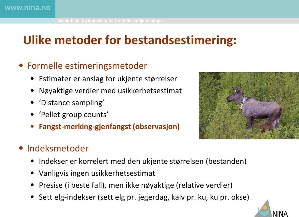 (observasjon) Indeksmetoder Indekser er korrelert med den ukjente størrelsen (bestanden) Vanligvis ingen