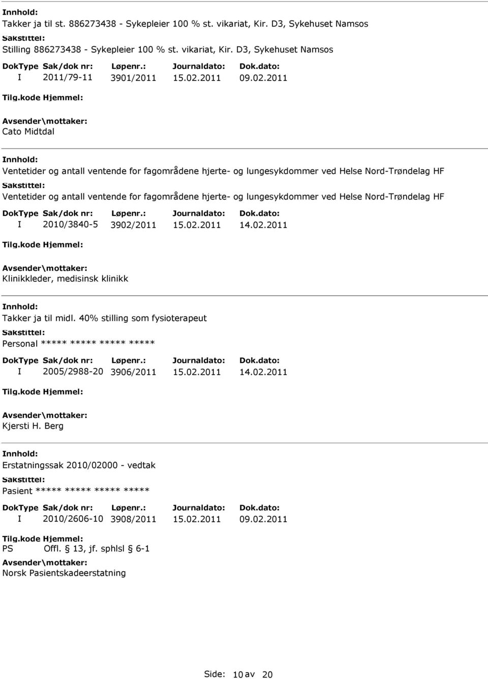 og lungesykdommer ved Helse Nord-Trøndelag HF 2010/3840-5 3902/2011 14.02.2011 Klinikkleder, medisinsk klinikk Takker ja til midl.