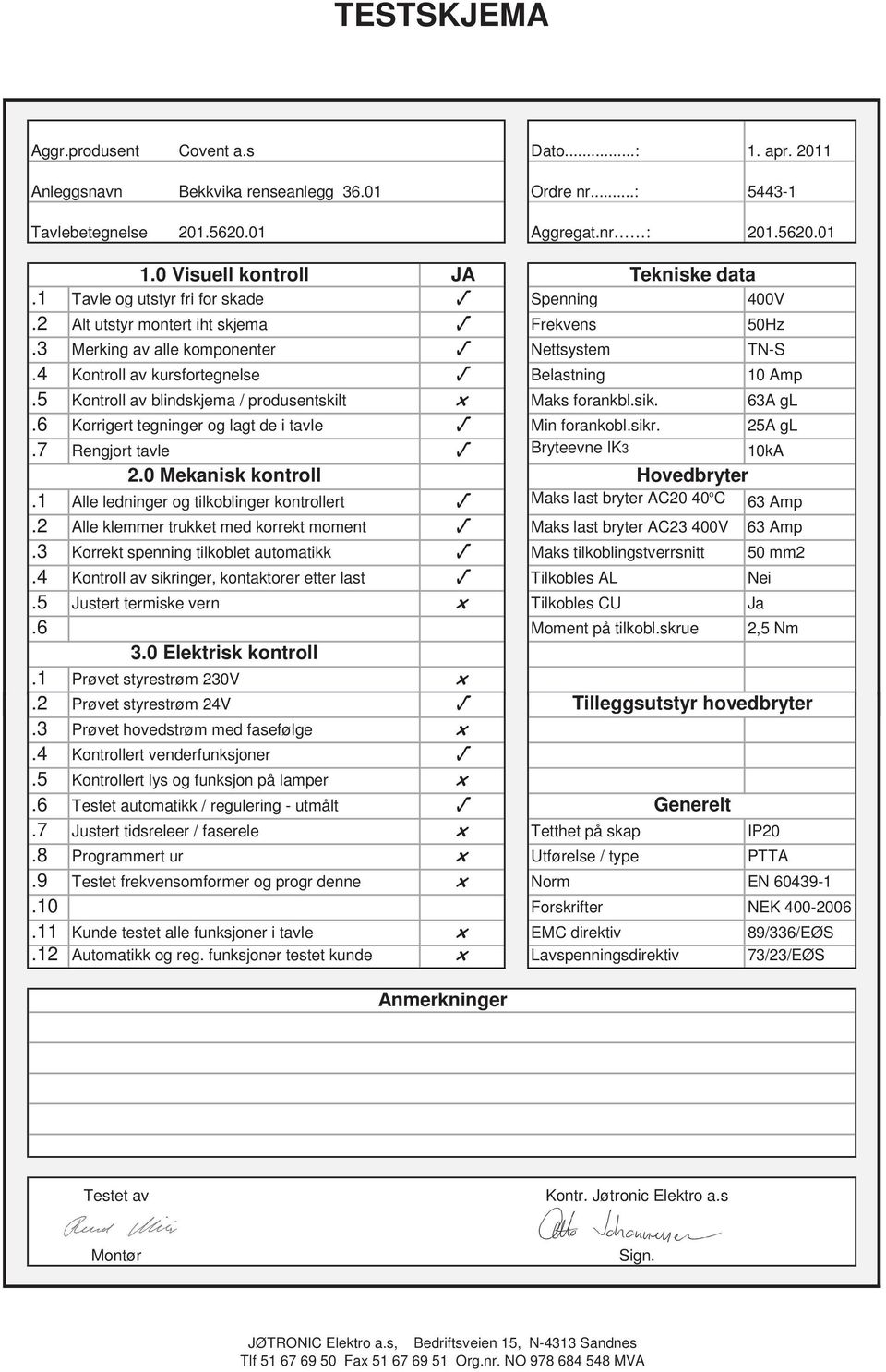 4 Kontroll av kursfortegnelse Belastning 10 Amp.5 Kontroll av blindskjema / produsentskilt Maks forankbl.sik. 63A gl.6 Korrigert tegninger og lagt de i tavle Min forankobl.sikr. 25A gl.