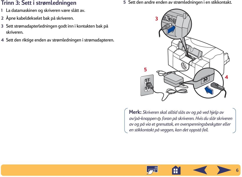 5 Sett den andre enden av strømledningen i en stikkontakt.