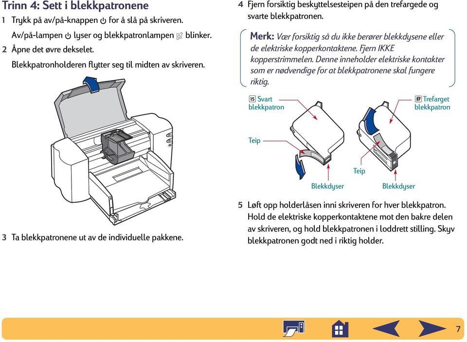 Merk: Vær forsiktig så du ikke berører blekkdysene eller de elektriske kopperkontaktene. Fjern IKKE kopperstrimmelen.