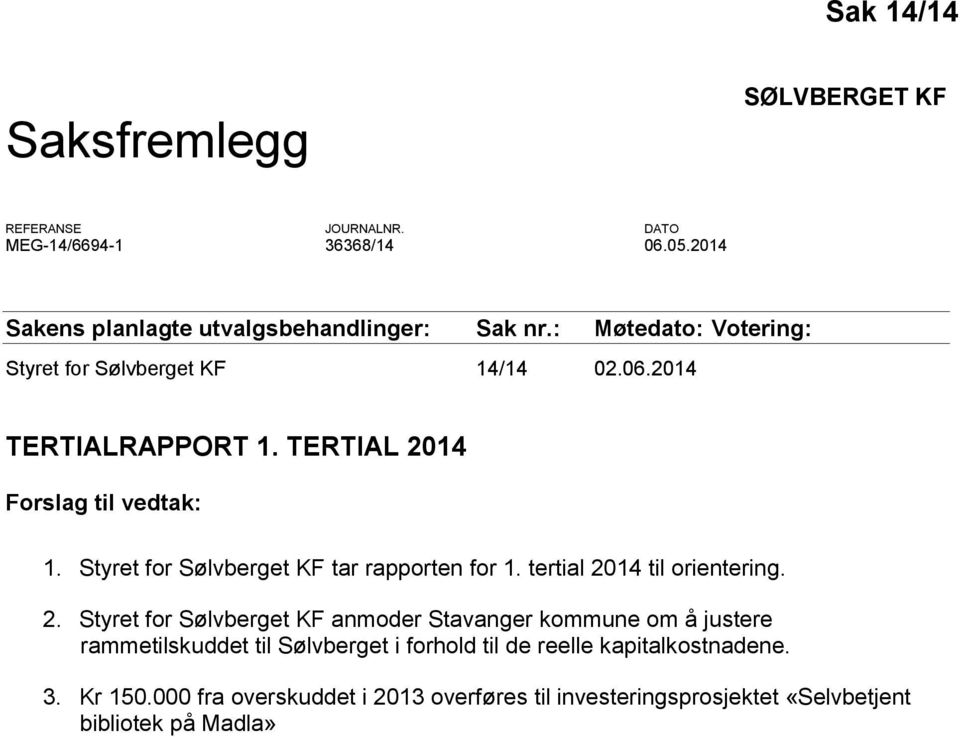 Styret for Sølvberget KF tar rapporten for 1. tertial 20