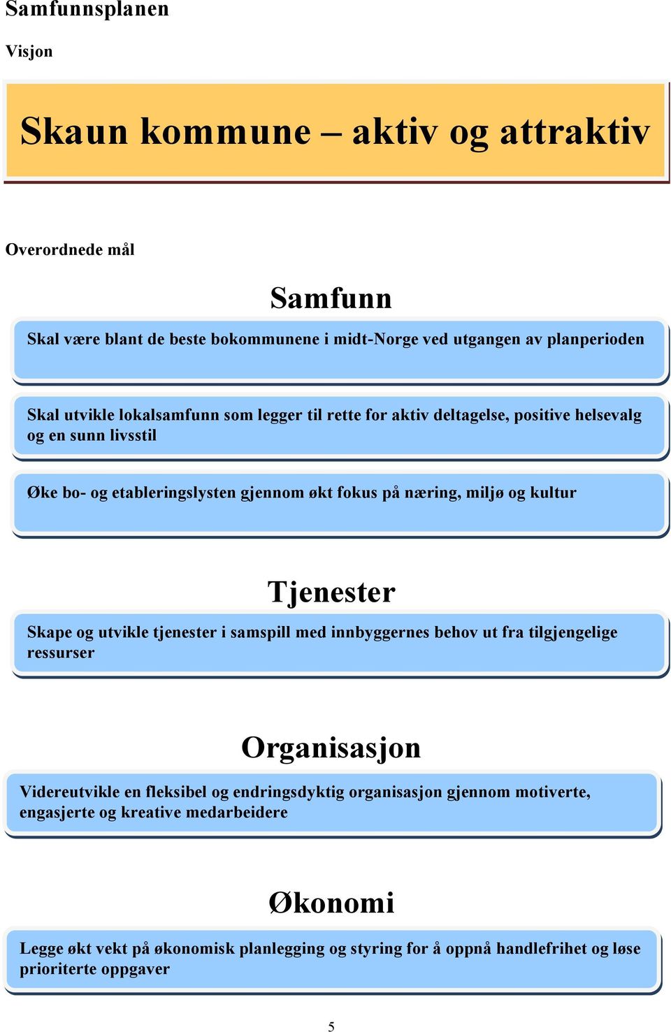 Tjenester Skape og utvikle tjenester i samspill med innbyggernes behov ut fra tilgjengelige ressurser Organisasjon Videreutvikle en fleksibel og endringsdyktig