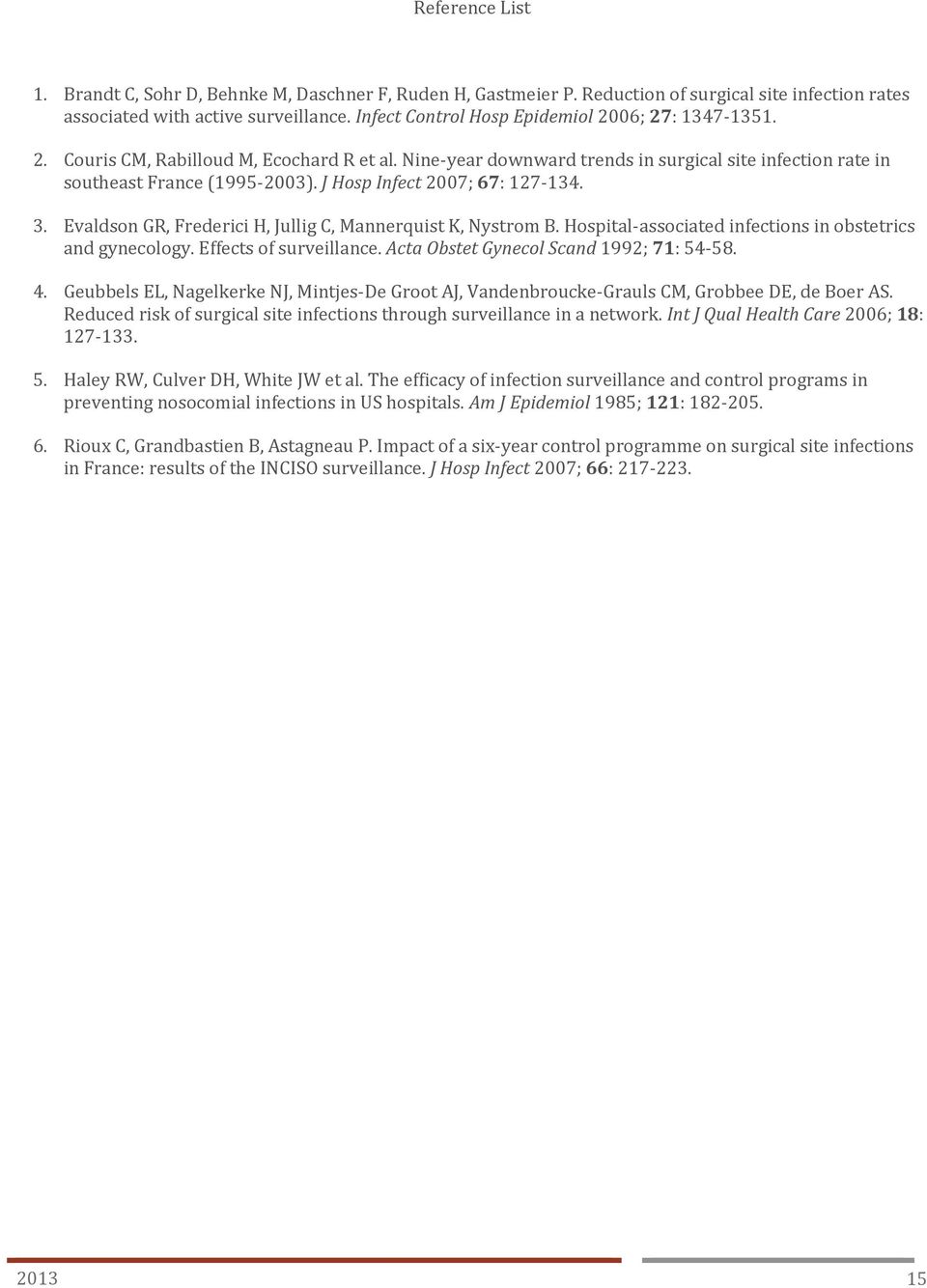 J Hosp Infect 2007; 67: 127-134. 3. Evaldson GR, Frederici H, Jullig C, Mannerquist K, Nystrom B. Hospital-associated infections in obstetrics and gynecology. Effects of surveillance.