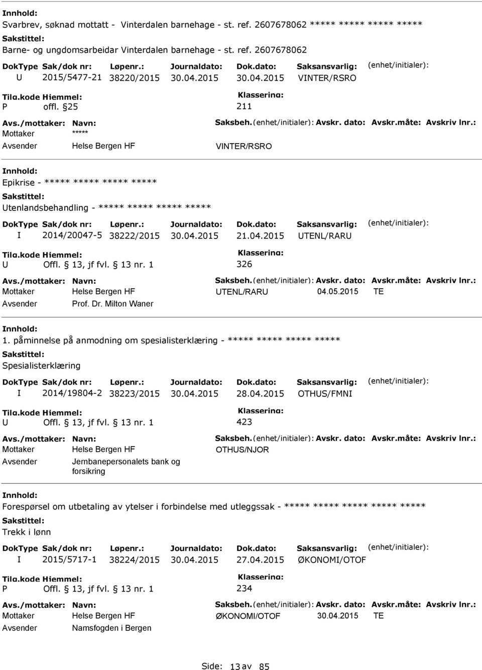 /mottaker: Navn: Saksbeh. Avskr. dato: Avskr.måte: Avskriv lnr.: TENL/RAR 04.05.2015 TE rof. Dr. Milton Waner 1.