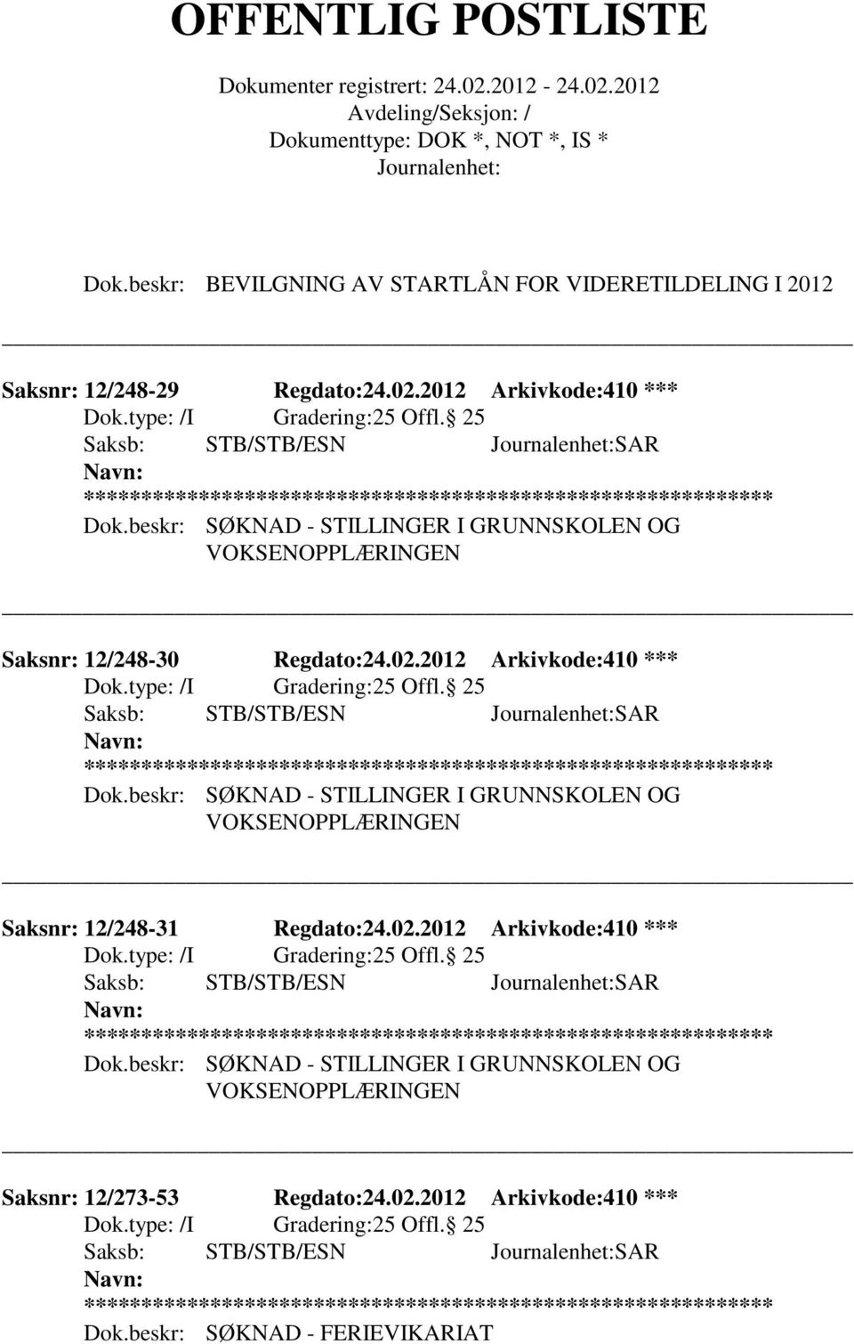 beskr: SØKNAD - STILLINGER I GRUNNSKOLEN OG VOKSENOPPLÆRINGEN Saksnr: 12/248-31 Regdato:24.02.2012 Arkivkode:410 *** 25 Offl. 25 Saksb: STB/STB/ESN SAR ** Dok.