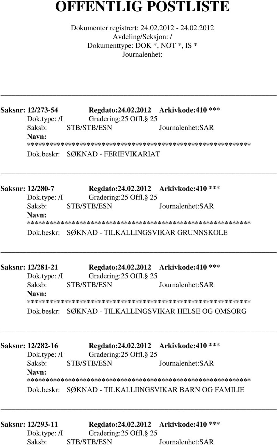 beskr: SØKNAD - TILKALLINGSVIKAR GRUNNSKOLE Saksnr: 12/281-21 Regdato:24.02.2012 Arkivkode:410 *** 25 Offl. 25 Saksb: STB/STB/ESN SAR ** Dok.