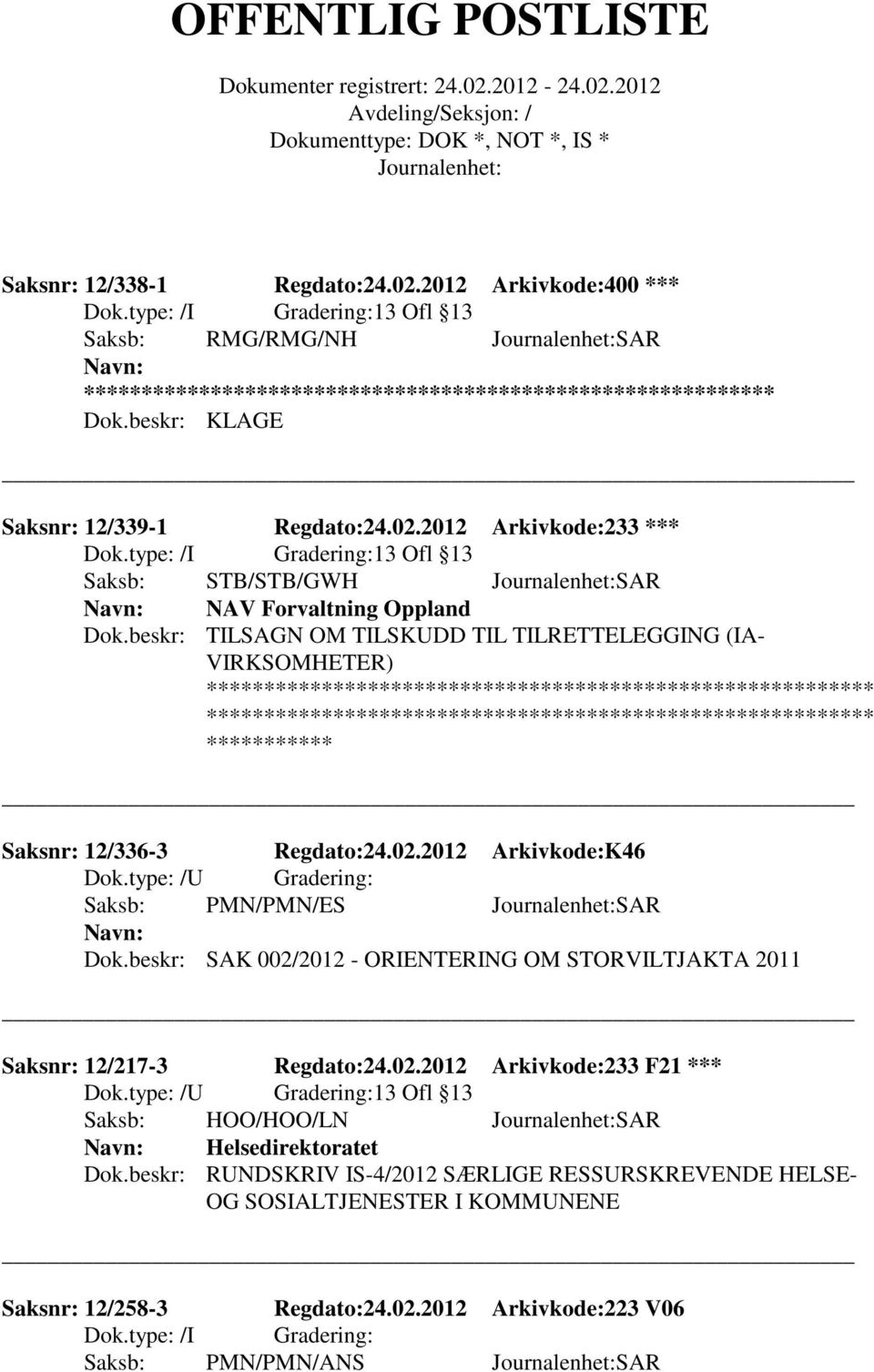 beskr: SAK 002/2012 - ORIENTERING OM STORVILTJAKTA 2011 Saksnr: 12/217-3 Regdato:24.02.2012 Arkivkode:233 F21 *** 13 Ofl 13 Saksb: HOO/HOO/LN SAR Helsedirektoratet Dok.