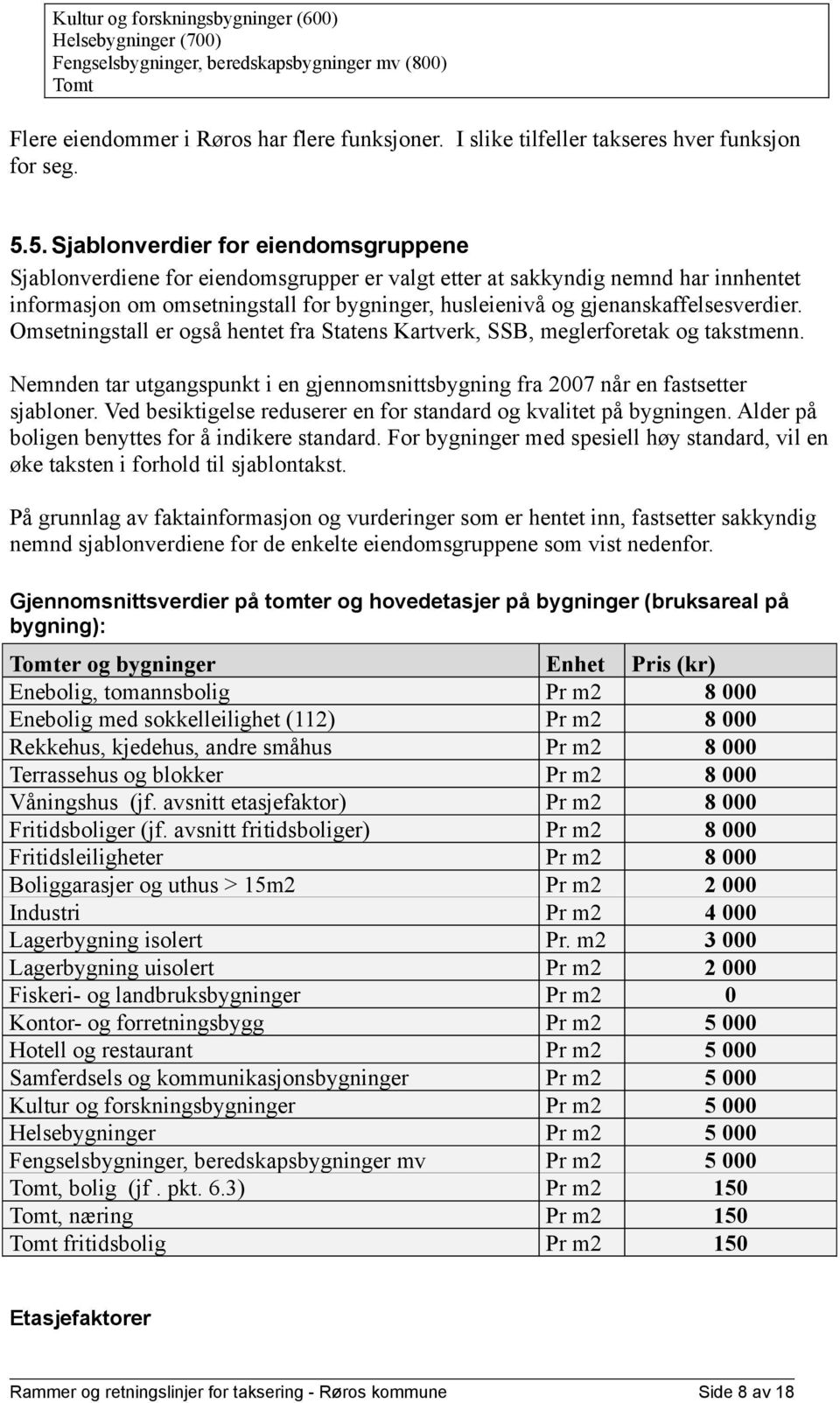 5. Sjablonverdier for eiendomsgruppene Sjablonverdiene for eiendomsgrupper er valgt etter at sakkyndig nemnd har innhentet informasjon om omsetningstall for bygninger, husleienivå og