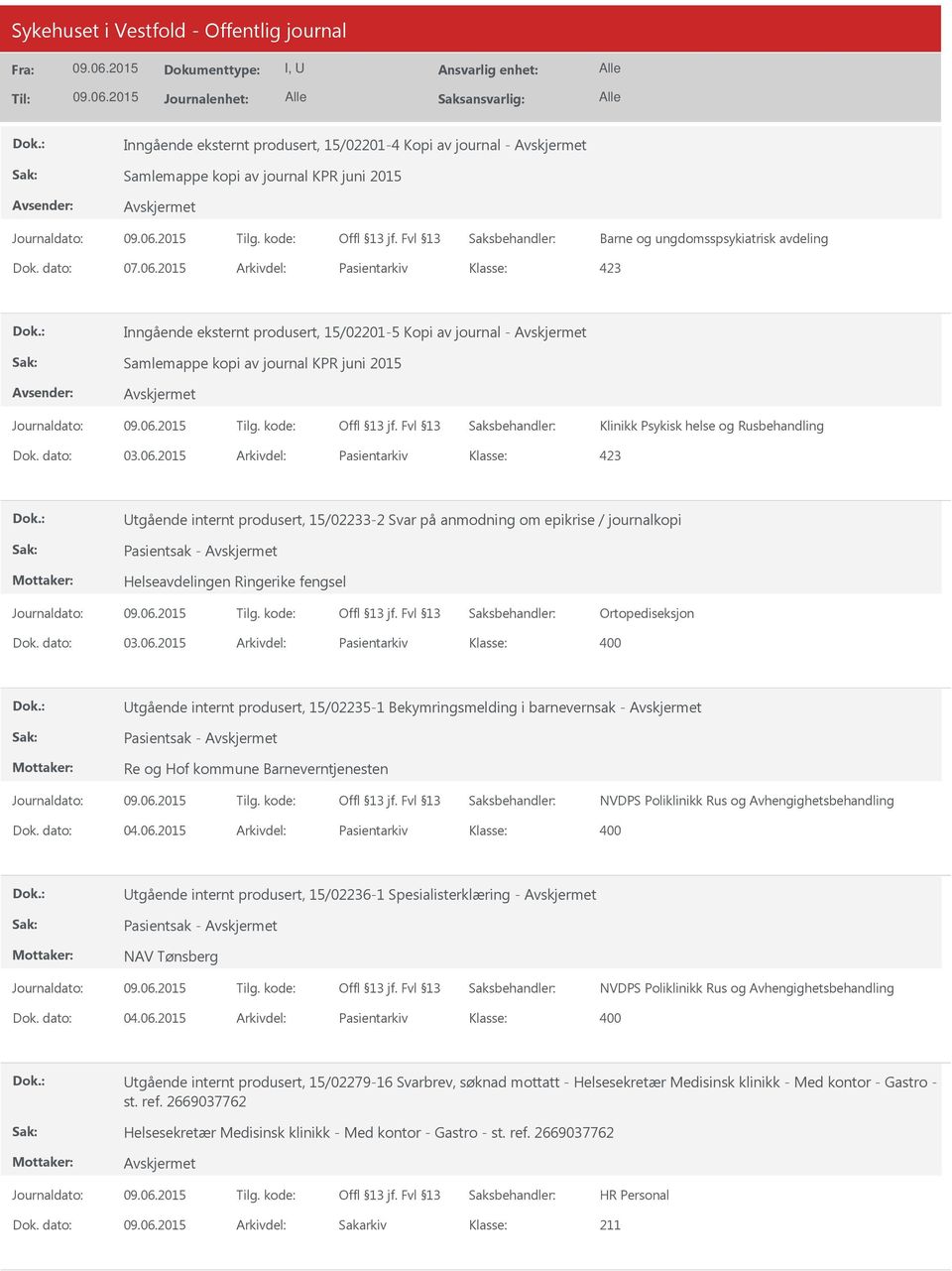 2015 Arkivdel: Pasientarkiv 423 Utgående internt produsert, 15/02233-2 Svar på anmodning om epikrise / journalkopi Pasientsak - Helseavdelingen Ringerike fengsel Ortopediseksjon Dok. dato: 03.06.