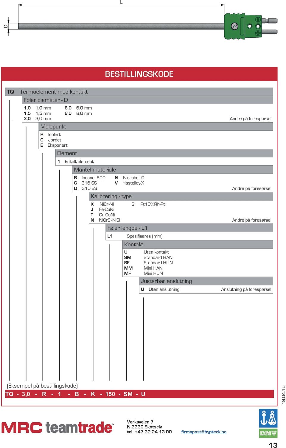 Cu-CuNi N NiCrSi-NiSi Andre på foresørsel Føler lengde - L1 L1 Spesifiseres (mm) Kontakt U Uten kontakt SM Standard HAN SF Standard HUN MM Mini HAN MF Mini HUN Justerbar anslutning