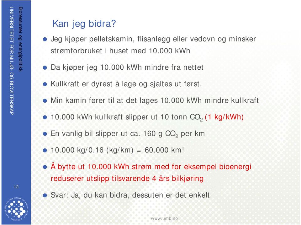 000 kwh kullkraft slipper ut 10 tonn CO 2 (1 kg/kwh) En vanlig bil slipper ut ca. 160 g CO 2 per km 10.000 kg/0.16 (kg/km) = 60.000 km!