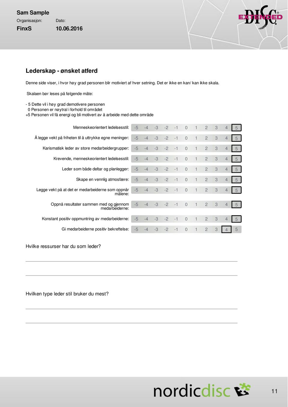 Menneskeorientert ledelsesstil: -5-4 -3-2 -1 0 1 2 3 4 5 Å legge vekt på friheten til å uttrykke egne meninger: -5-4 -3-2 -1 0 1 2 3 4 5 Karismatisk leder av store medarbeidergrupper: -5-4 -3-2 -1 0