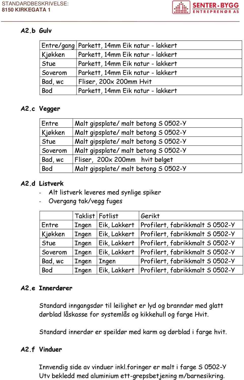 c Vegger Entre Malt gipsplate/ malt betong S 0502-Y Kjøkken Malt gipsplate/ malt betong S 0502-Y Stue Malt gipsplate/ malt betong S 0502-Y Soverom Malt gipsplate/ malt betong S 0502-Y Bad, wc Fliser,