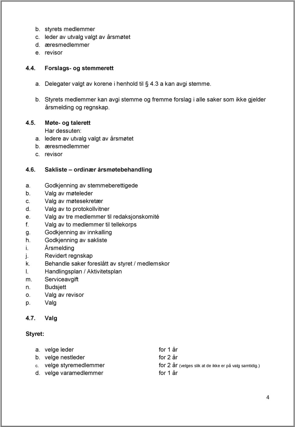 revisor 4.6. Sakliste ordinær årsmøtebehandling a. Godkjenning av stemmeberettigede b. Valg av møteleder c. Valg av møtesekretær d. Valg av to protokollvitner e.