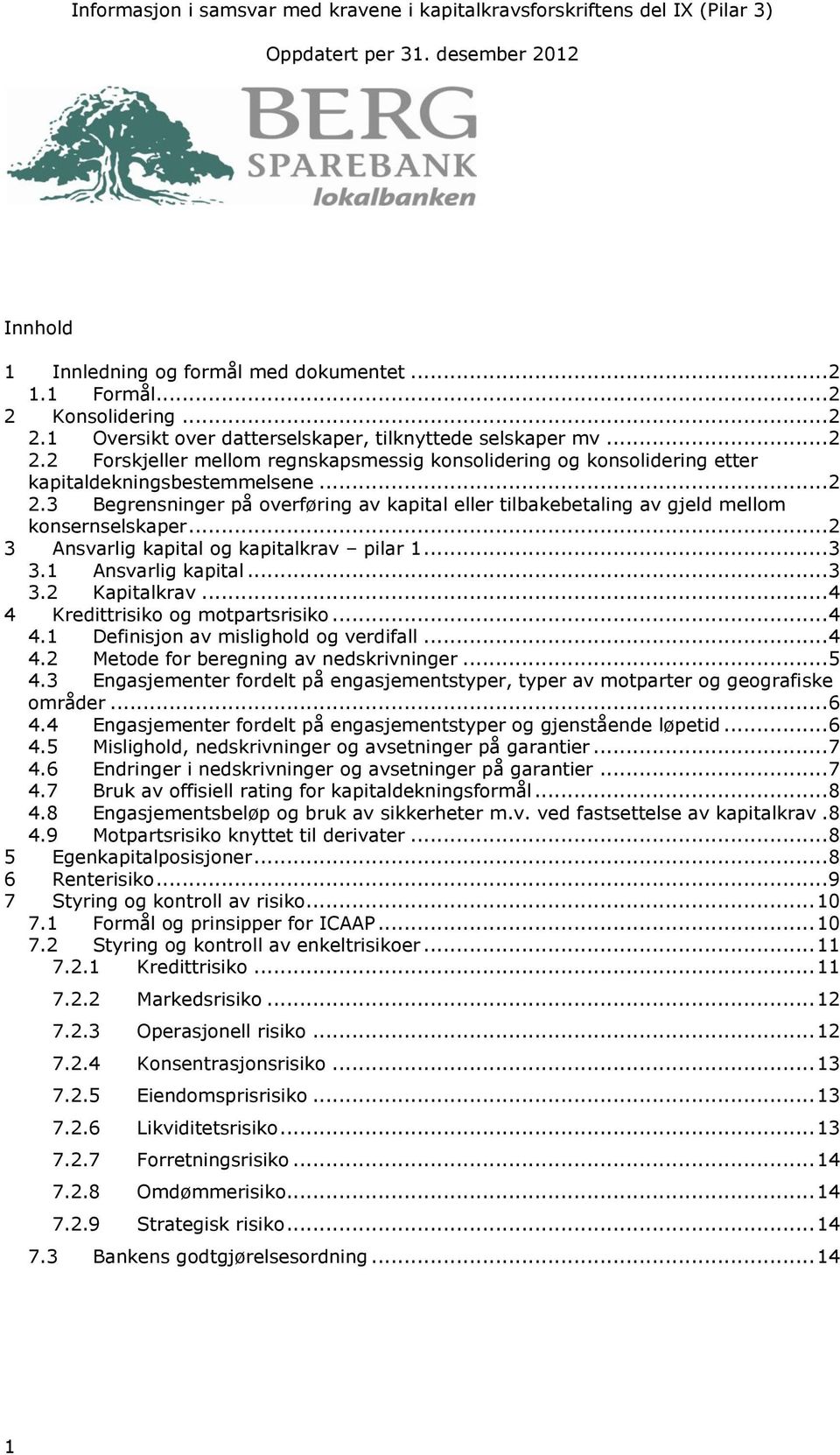 .. 2 3 Ansvarlig kapital og kapitalkrav pilar 1... 3 3.1 Ansvarlig kapital... 3 3.2 Kapitalkrav... 4 4 Kredittrisiko og motpartsrisiko... 4 4.1 Definisjon av mislighold og verdifall... 4 4.2 Metode for beregning av nedskrivninger.