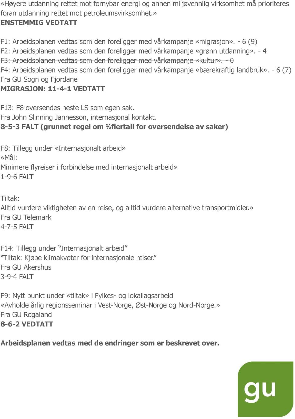 - 4 F3: Arbeidsplanen vedtas som den foreligger med vårkampanje «kultur». - 0 F4: Arbeidsplanen vedtas som den foreligger med vårkampanje «bærekraftig landbruk».