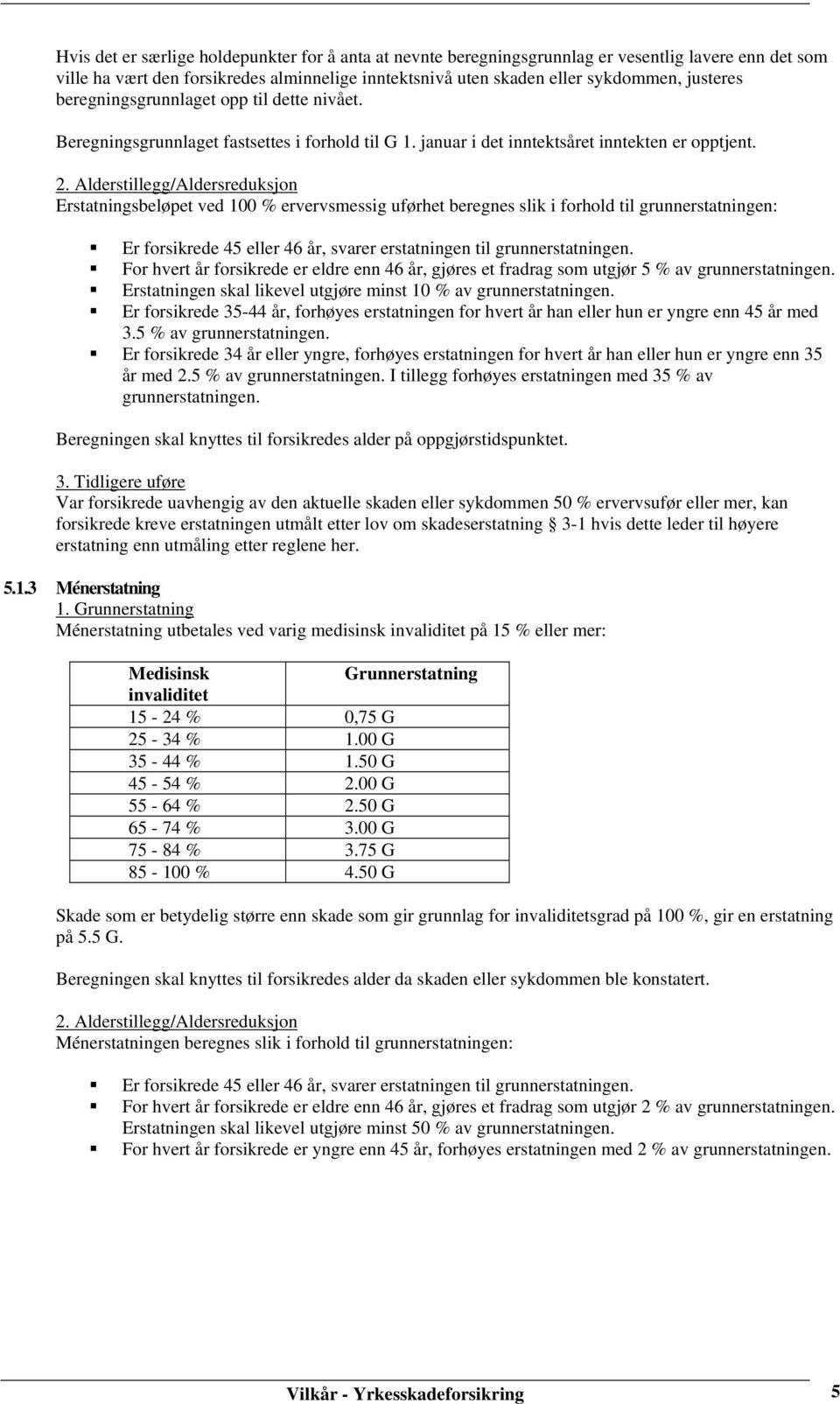 Alderstillegg/Aldersreduksjon Erstatningsbeløpet ved 100 % ervervsmessig uførhet beregnes slik i forhold til grunnerstatningen: Er forsikrede 45 eller 46 år, svarer erstatningen til grunnerstatningen.