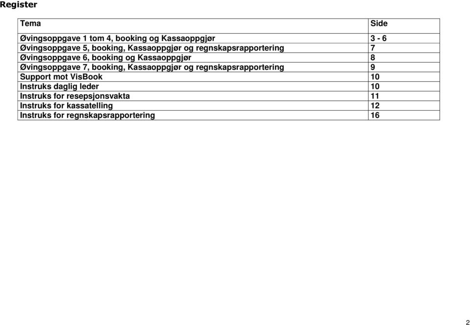 7, booking, Kassaoppgjør og regnskapsrapportering 9 Support mot VisBook 10 Instruks daglig leder