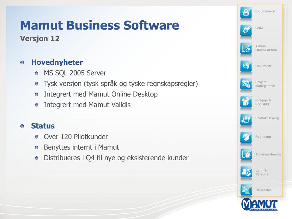 Pilotkunder Benyttes internt i Mamut Distribueres i Q4 til nye og eksisterende kunder CRM Tilbud/