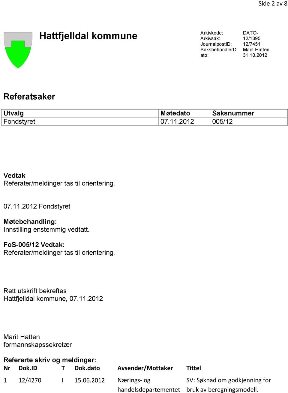 FoS-005/12 Vedtak: Referater/meldinger tas til orientering. Rett utskrift bekreftes Hattfjelldal kommune, 07.11.