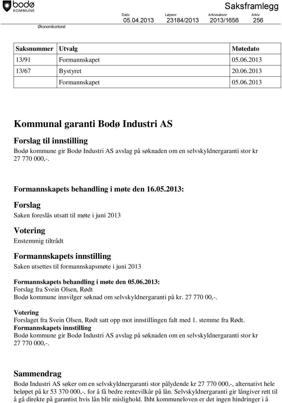 Formannskapets behandling i møte den 16.05.