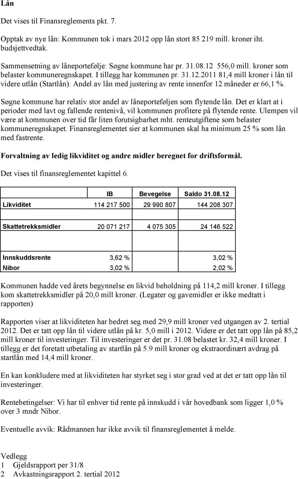 Andel av lån med justering av rente innenfor 12 måneder er 66,1 %. Søgne kommune har relativ stor andel av låneporteføljen som flytende lån.