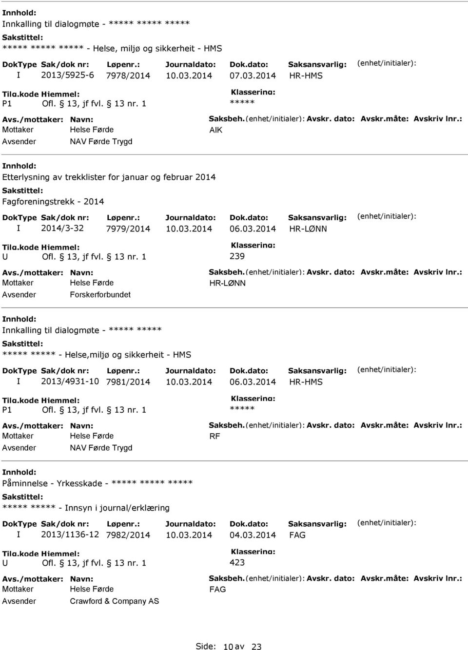 måte: Avskriv lnr.: HR-LØNN Forskerforbundet nnkalling til dialogmøte - - Helse,miljø og sikkerheit - HMS 2013/4931-10 7981/2014 HR-HMS 1 Avs./mottaker: Navn: Saksbeh. Avskr. dato: Avskr.